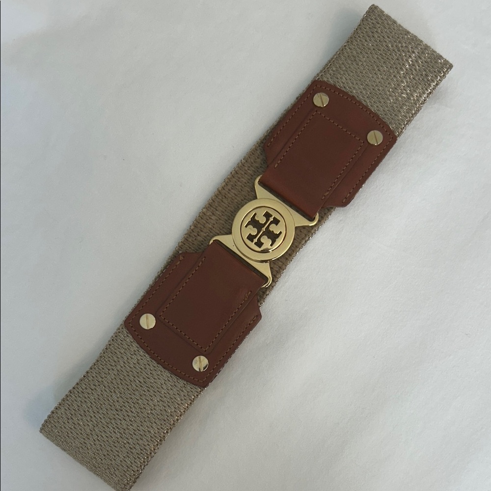 Tory Burch Tan Leather & Beige Woven Elastic Logo Belt with Gold Hardware